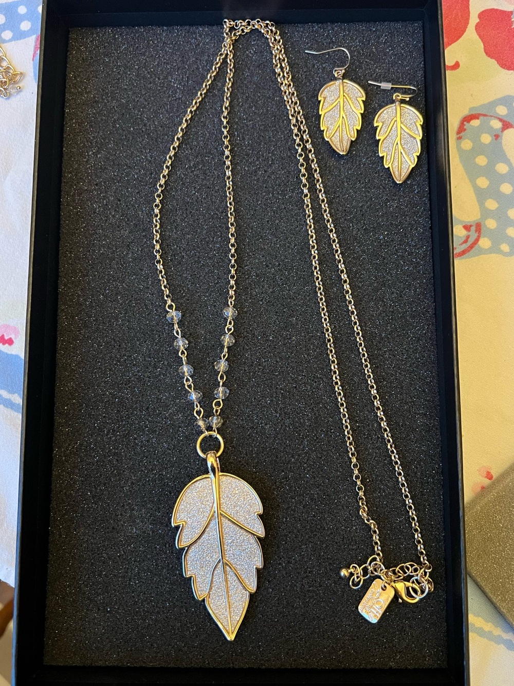 Off Park Collection White Crystal Silver Shimmer Gold Tone Glitter Leaf Necklace